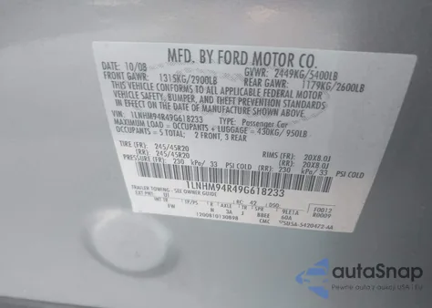 2009 Lincoln Mks z USA, uszkodzony, nr VIN 1LNHM94R49G618233